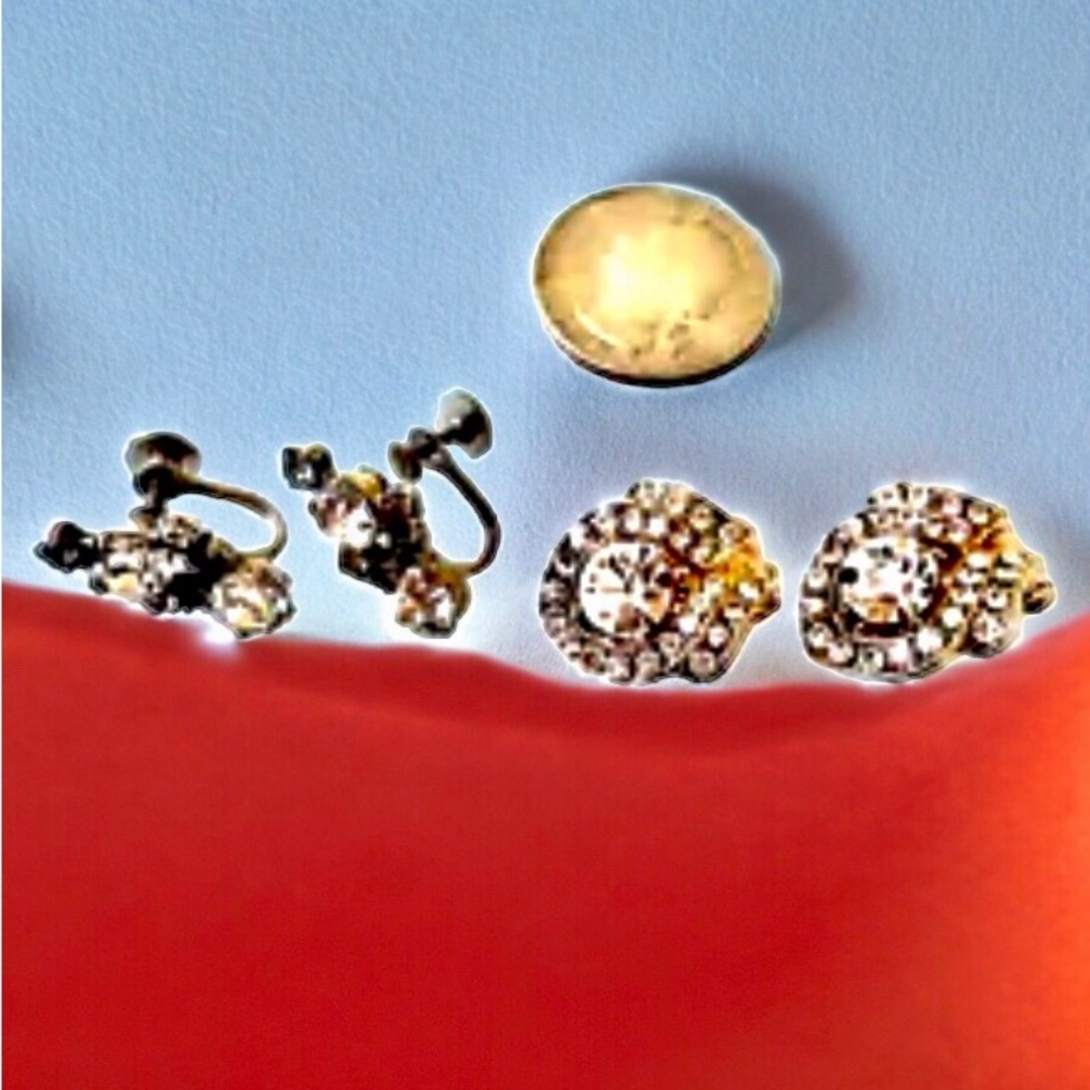 Vintage Earrings Rhinestones Clip-on + Screw Back Fashion Jewelry Silver 2 pair